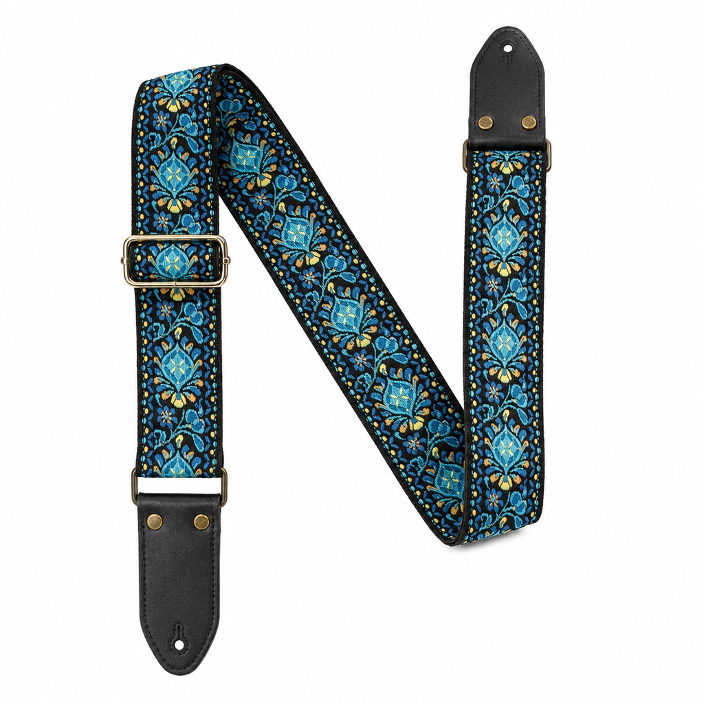 Turquoise Floral Guitar Strap with Gold Hardware