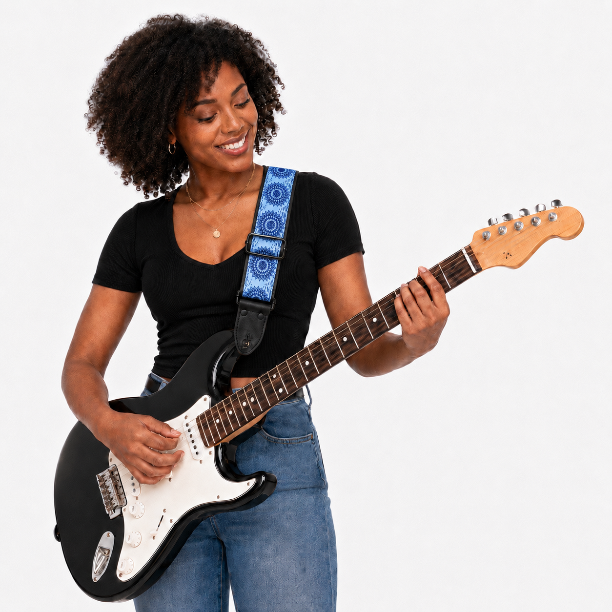 Blue Floral Guitar Strap with Black Leather Ends