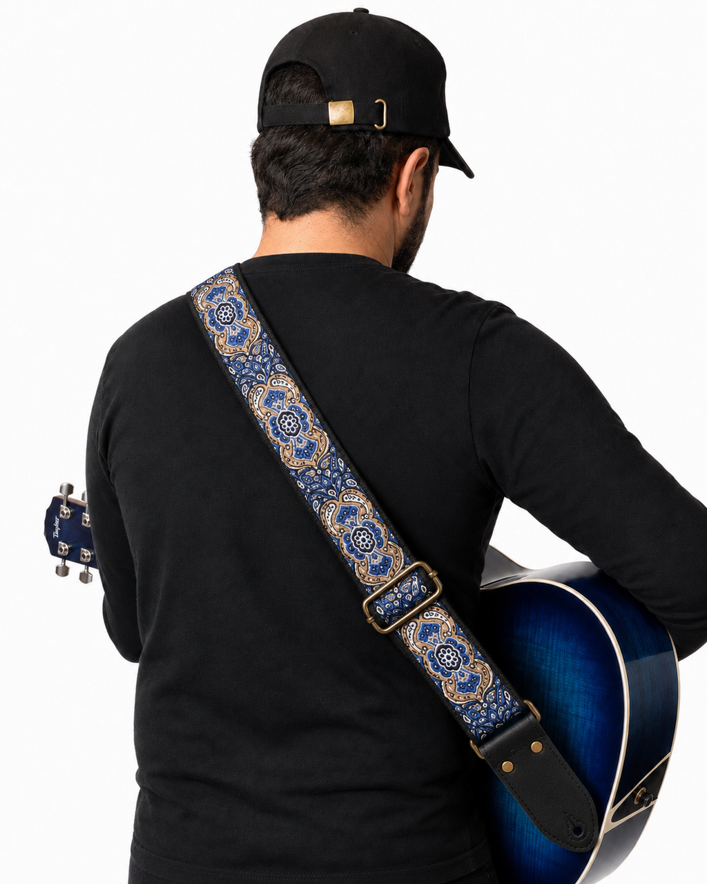 Purple Vintage Floral Guitar Strap with Black Leather Ends