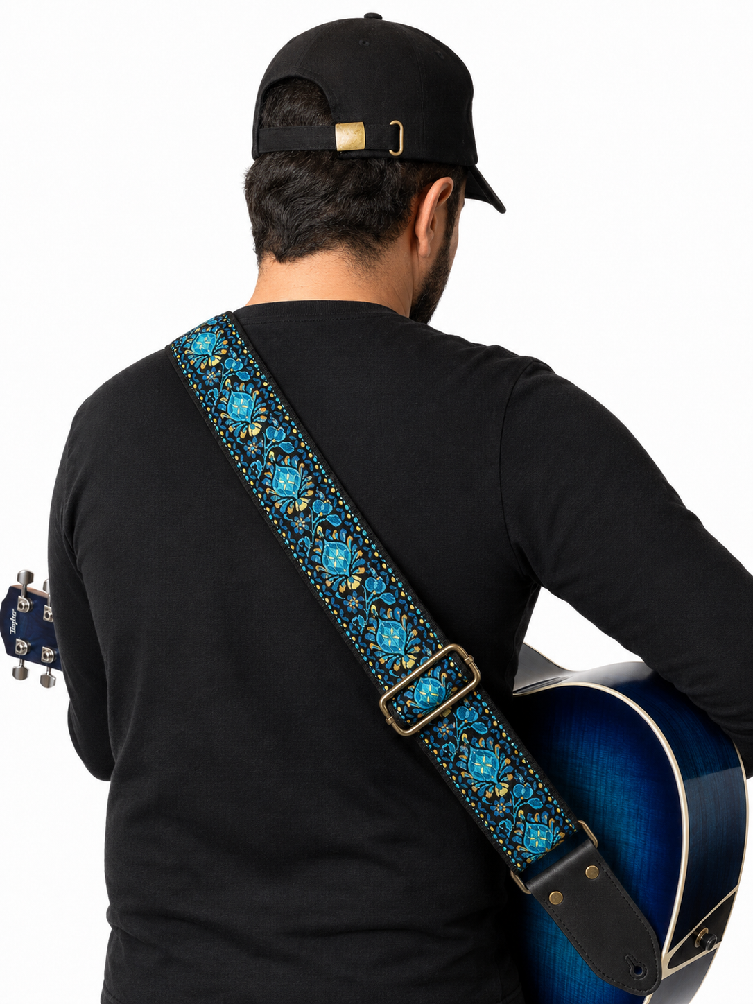 Turquoise Floral Guitar Strap with Gold Hardware