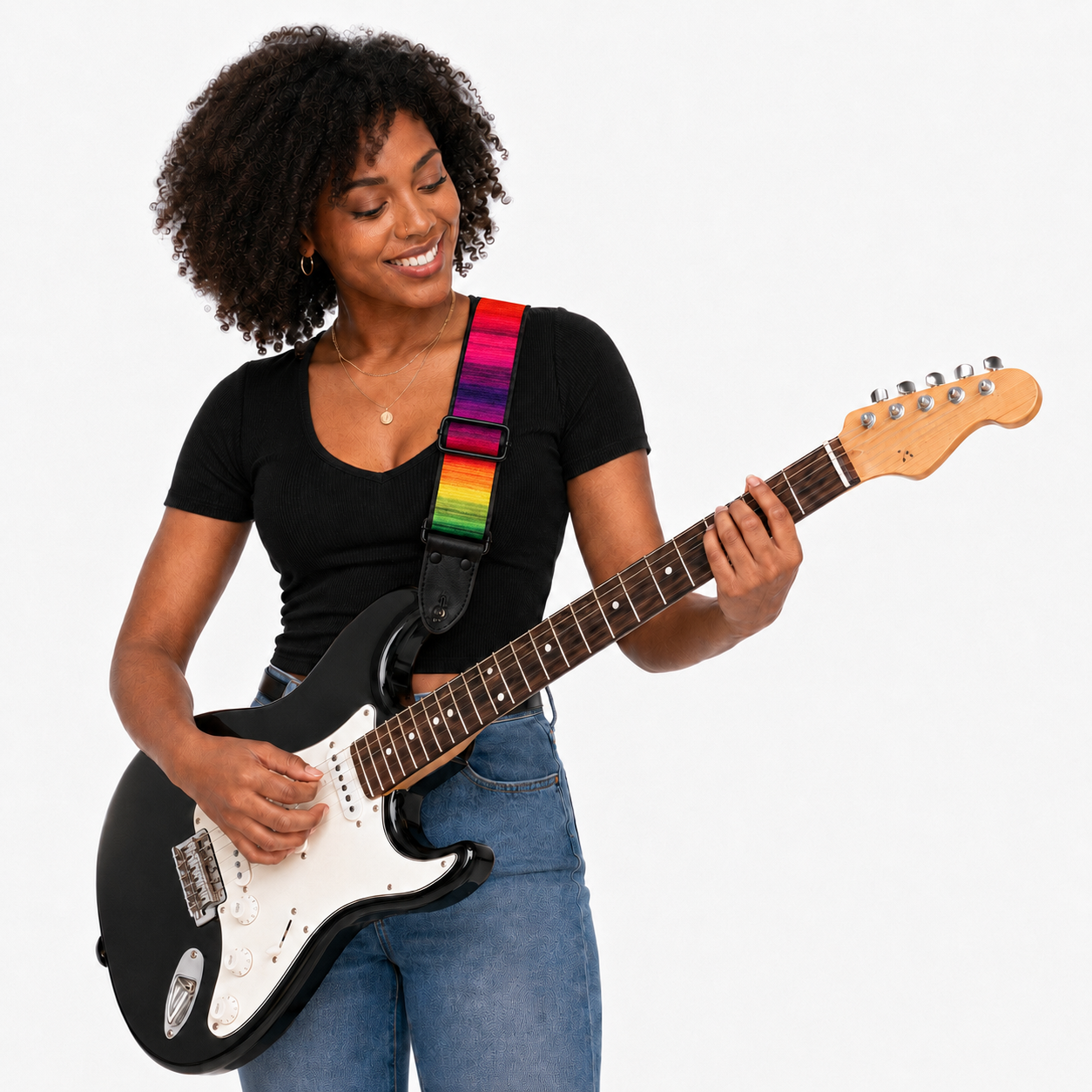 Rainbow Guitar Strap with Black Leather Ends