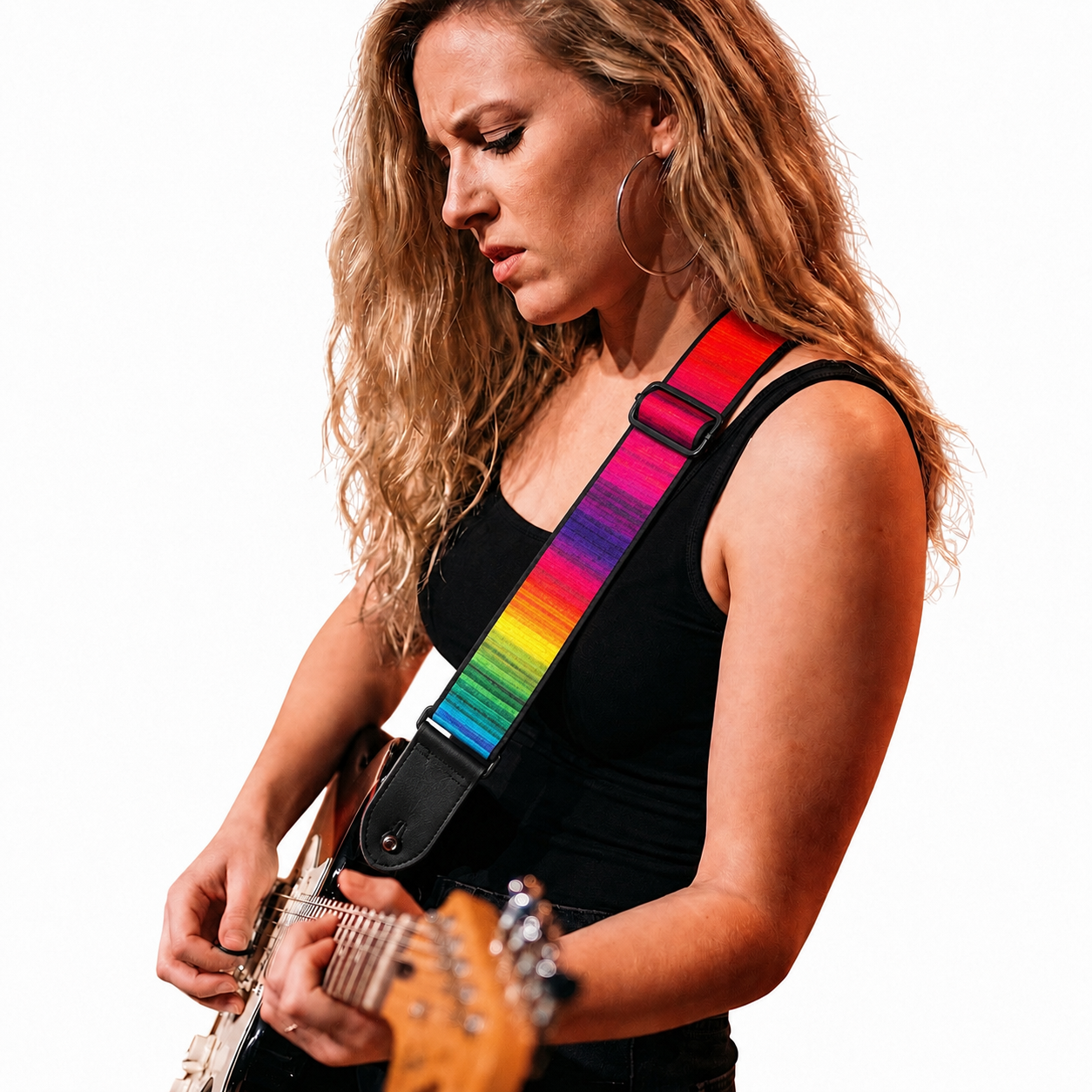 Rainbow Guitar Strap with Black Leather Ends