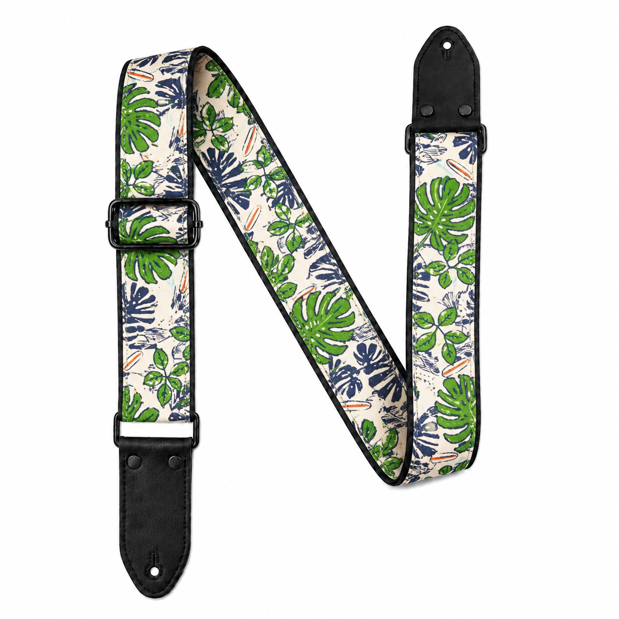 Tropical Leaf Guitar Strap with Black Leather Ends