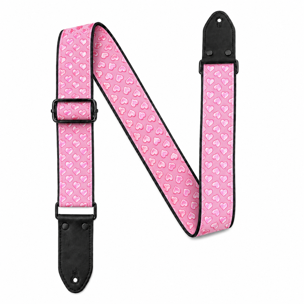 Pink Heart Guitar Strap with Black Leather Ends