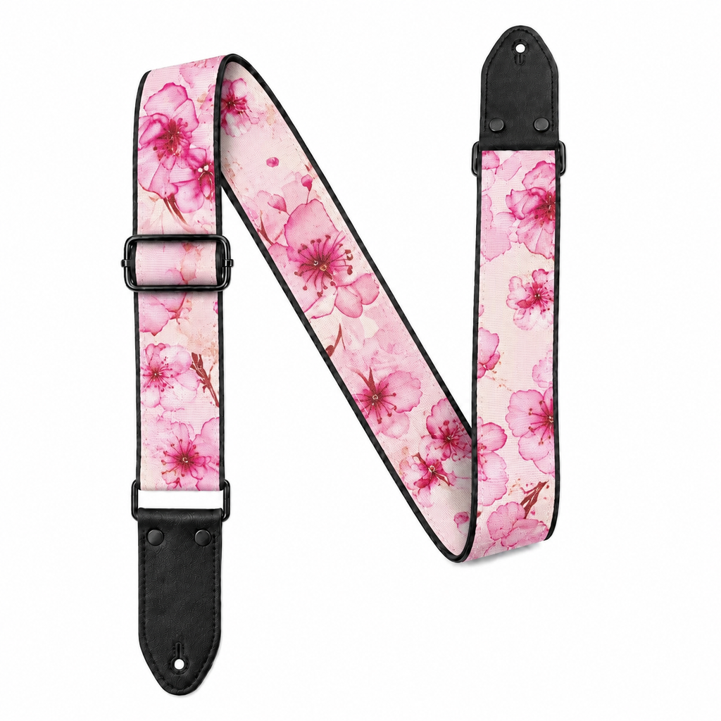 Cherry Blossom Guitar Strap with Black Leather Ends