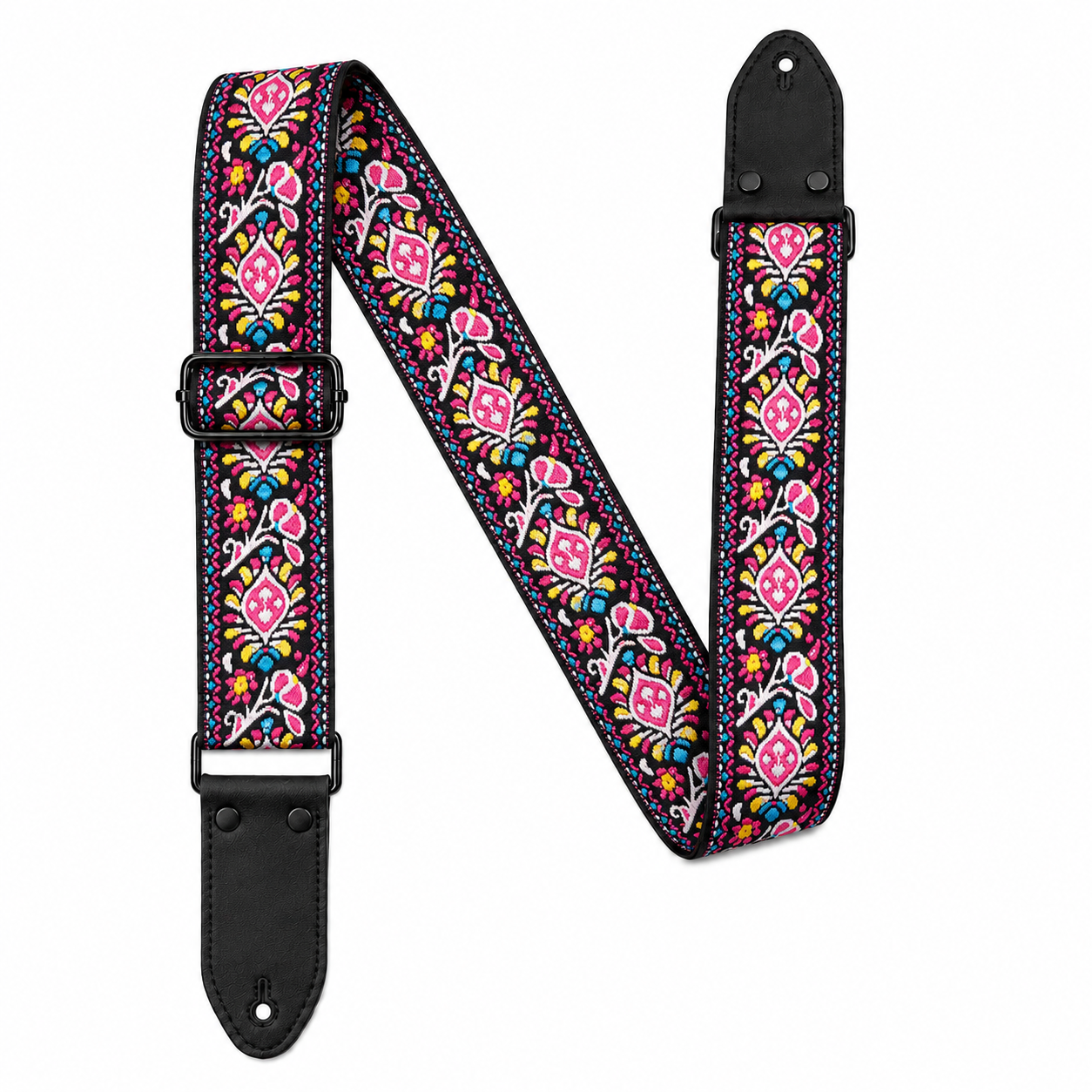 Boho Floral Guitar Strap with Black Leather Ends