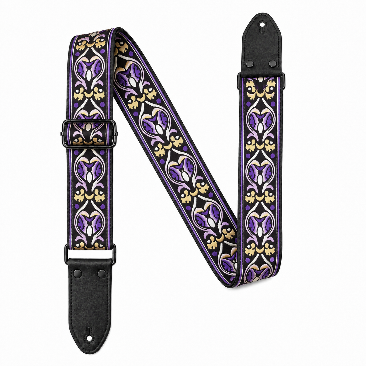 Purple Vintage Floral Guitar Strap with Black Leather Ends