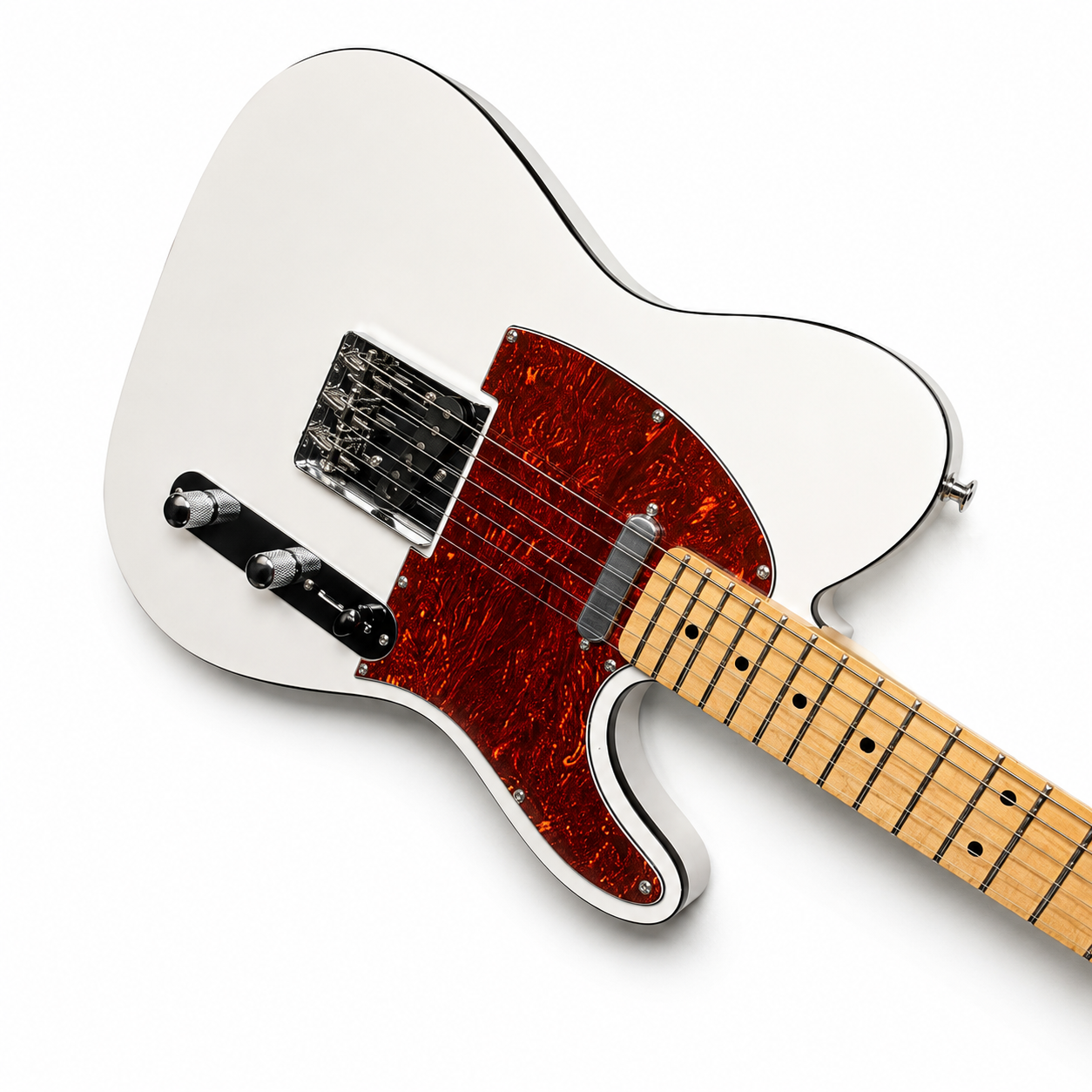 White TL guitar, red pearl guard, maple fingerboard, Black binding