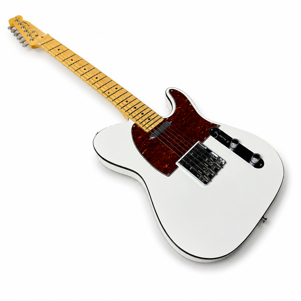 White TL guitar, red pearl guard, maple fingerboard, Black binding