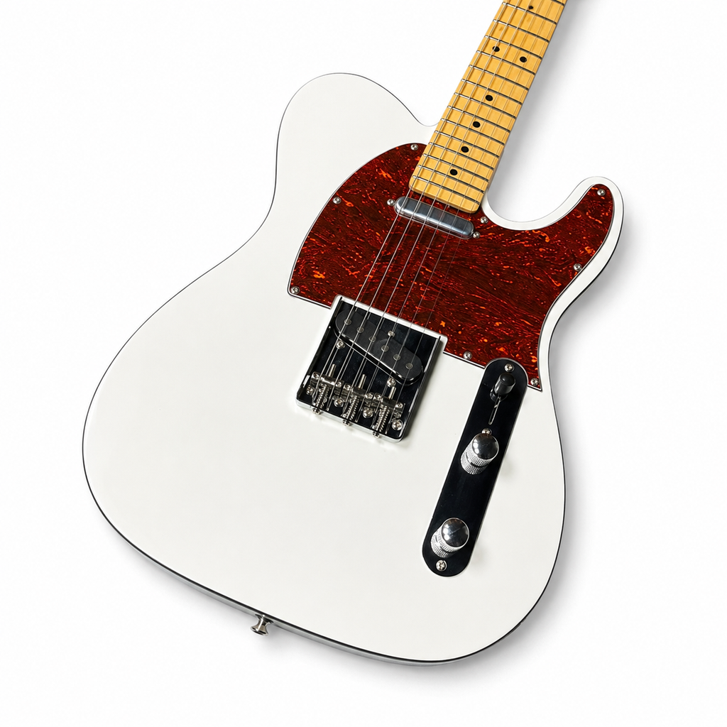 White TL guitar, red pearl guard, maple fingerboard, Black binding