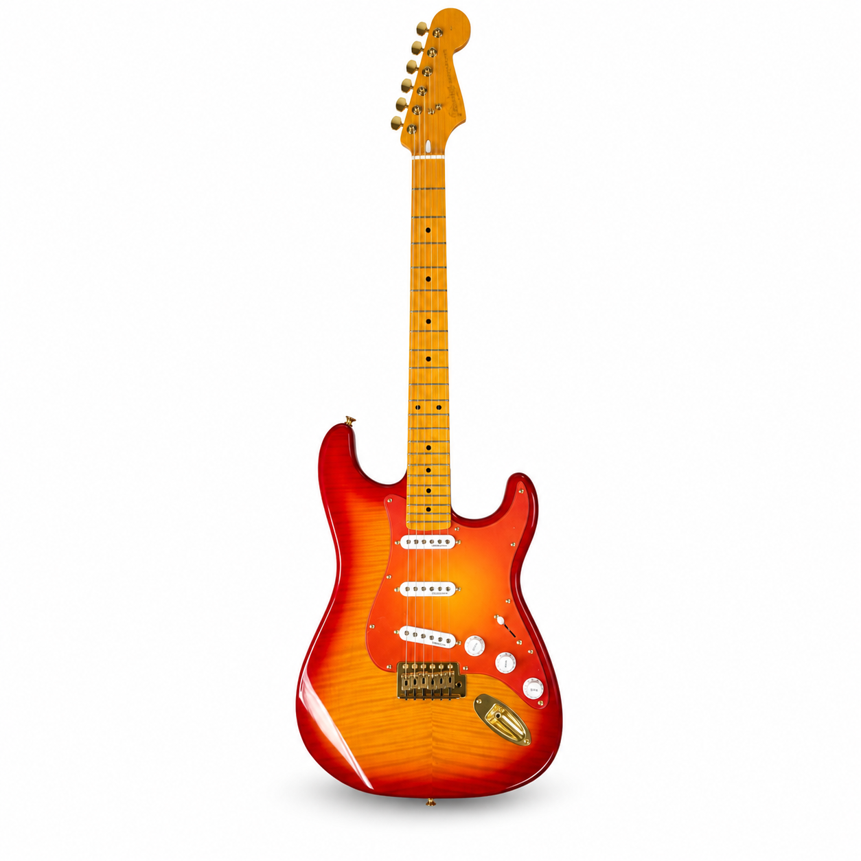 Cherry Red STS Electric Guitar – 6 String, SSS Pickups, Tiger Flame Body Finish