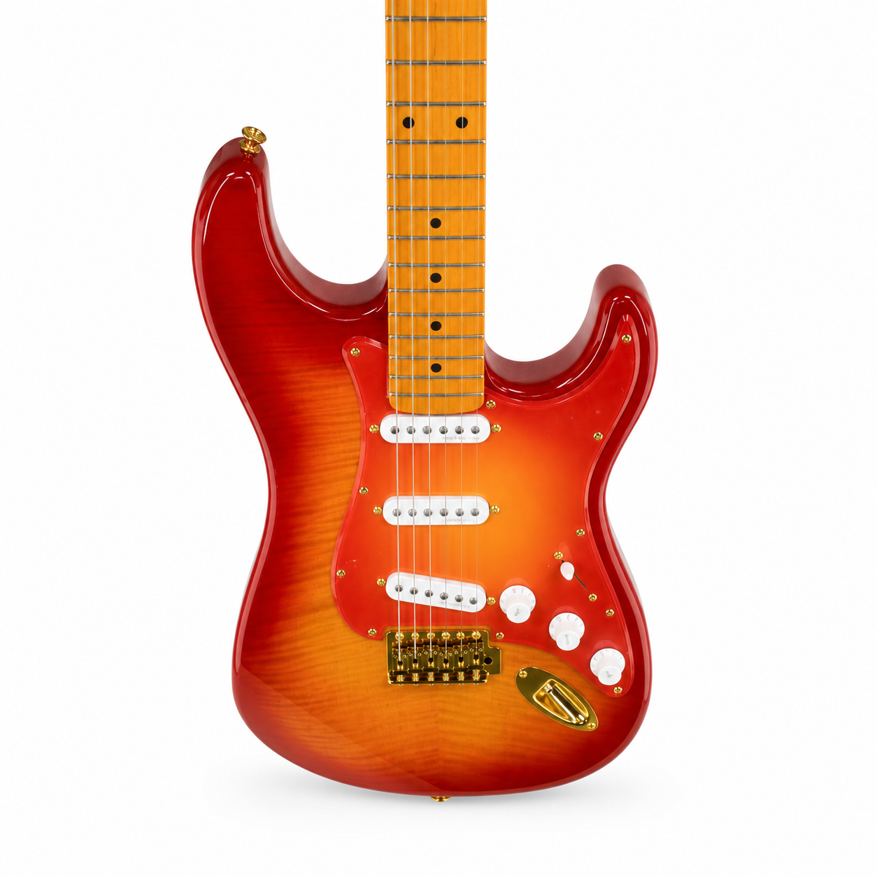 Cherry Red STS Electric Guitar – 6 String, SSS Pickups, Tiger Flame Body Finish