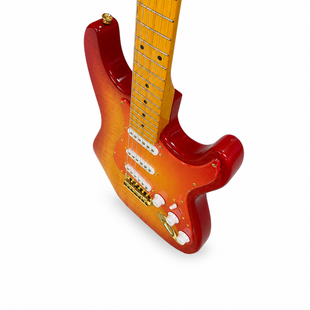 Cherry Red STS Electric Guitar – 6 String, SSS Pickups, Tiger Flame Body Finish