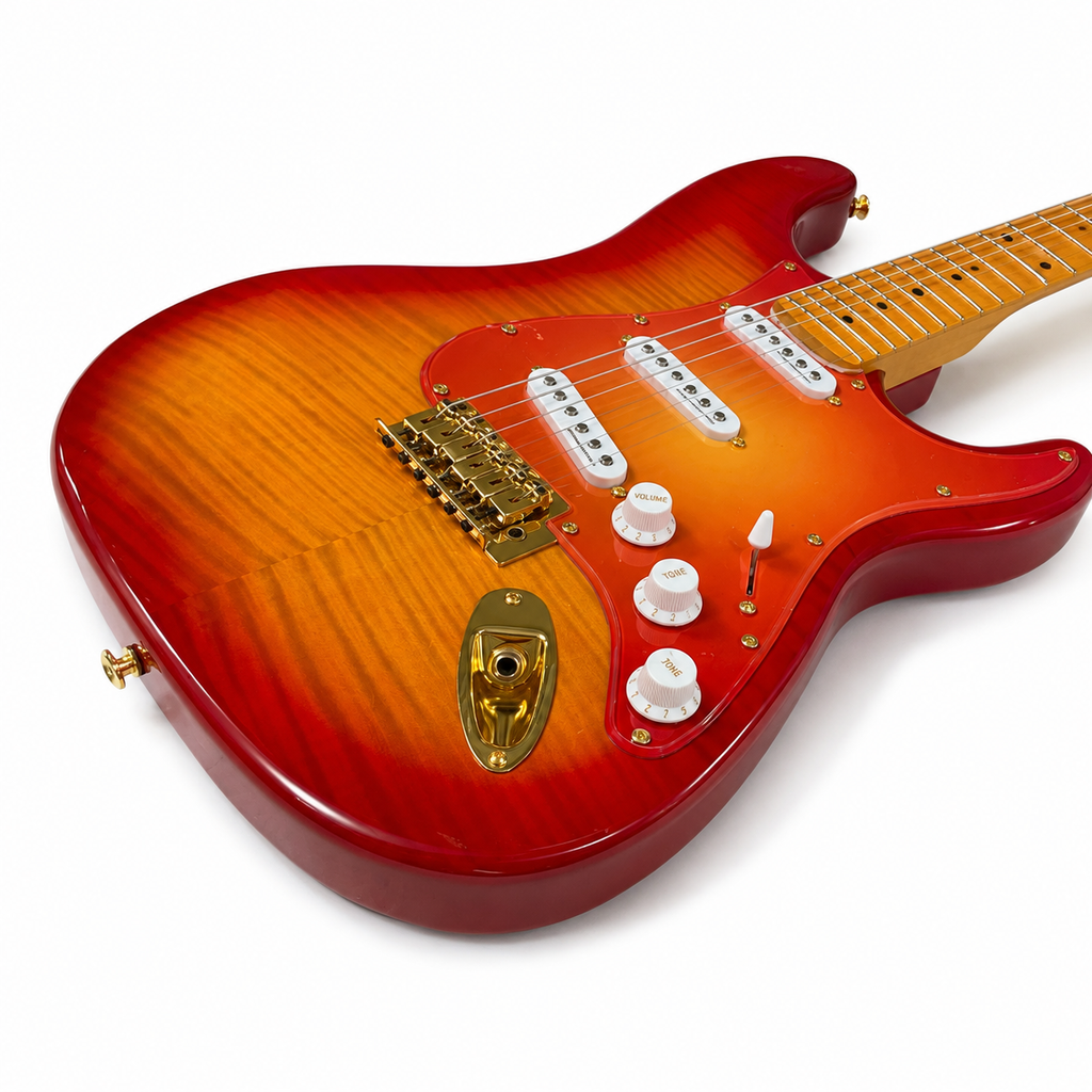 Cherry Red STS Electric Guitar – 6 String, SSS Pickups, Tiger Flame Body Finish