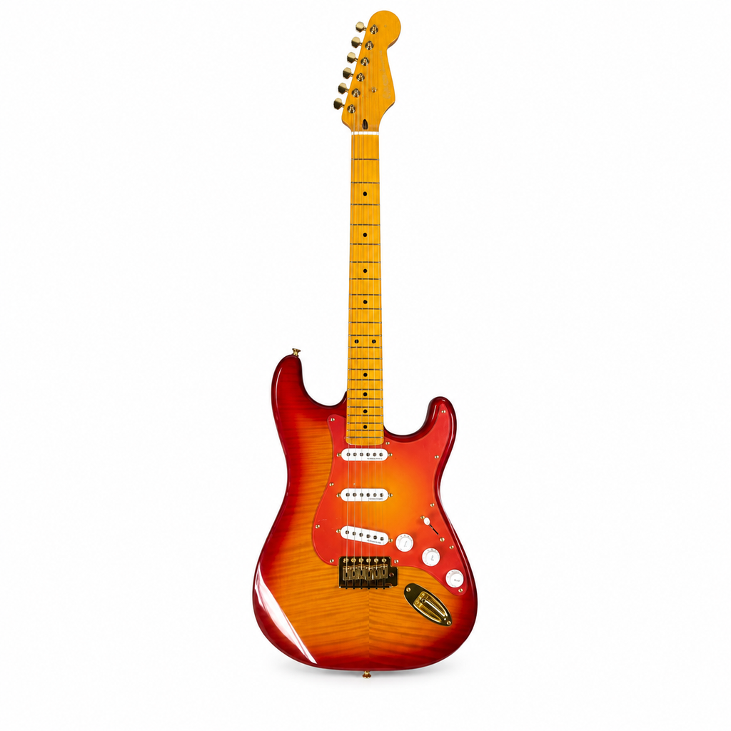 Cherry Red STS Electric Guitar – 6 String, SSS Pickups, Tiger Flame Body Finish