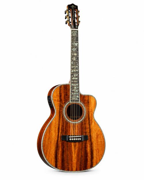 39 Inch All Koa Acoustic Guitar, Ebony Fingerboard with Abalone Details and Built-In Pickup