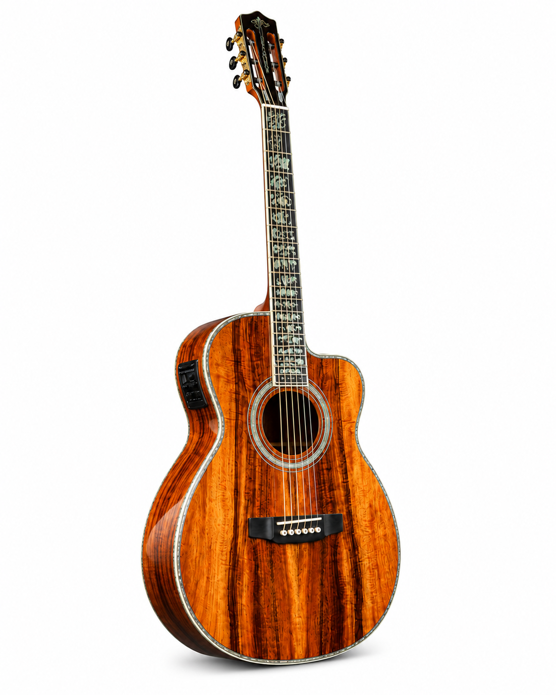 39 Inch All Koa Acoustic Guitar, Ebony Fingerboard with Abalone Details and Built-In Pickup