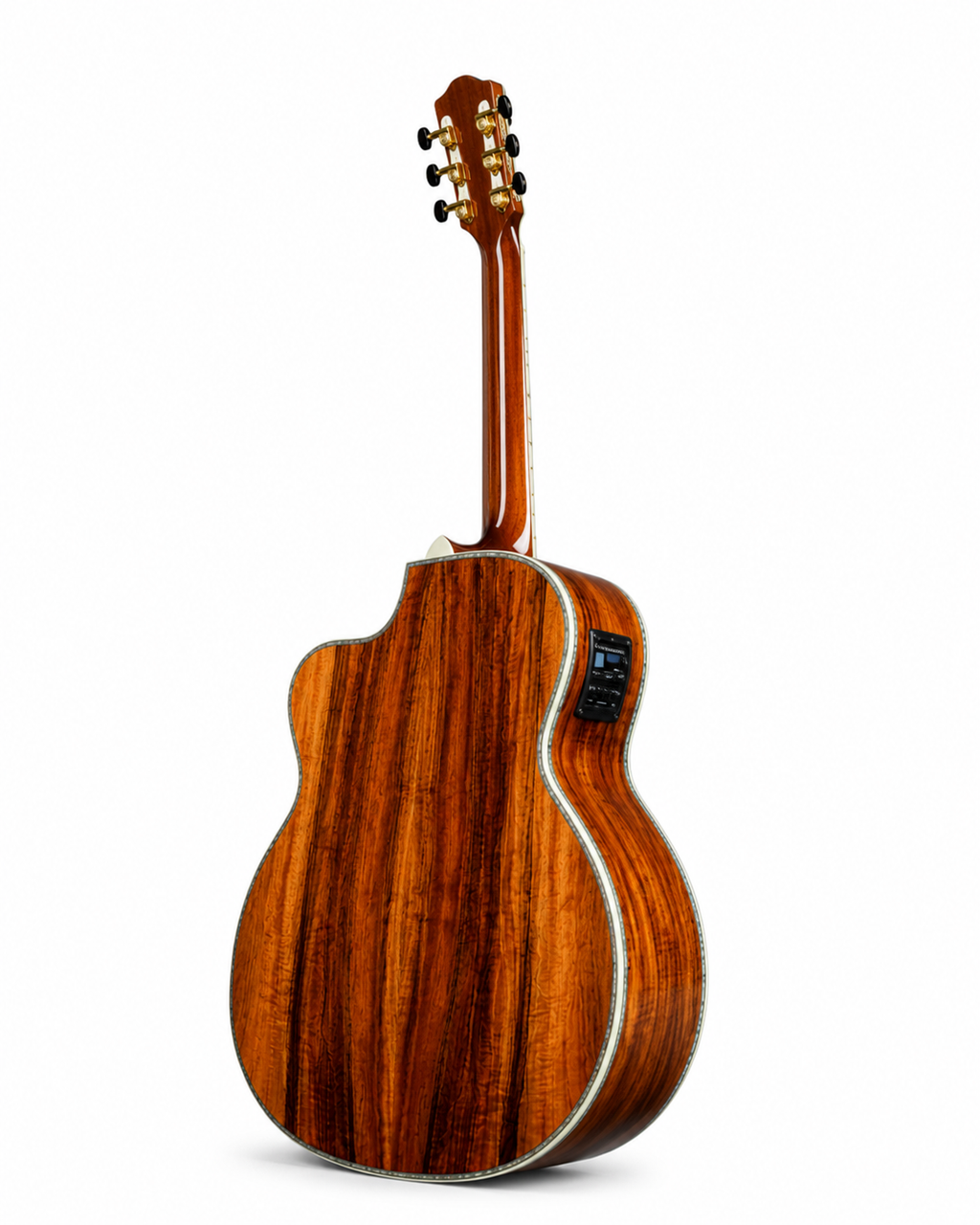 39 Inch All Koa Acoustic Guitar, Ebony Fingerboard with Abalone Details and Built-In Pickup
