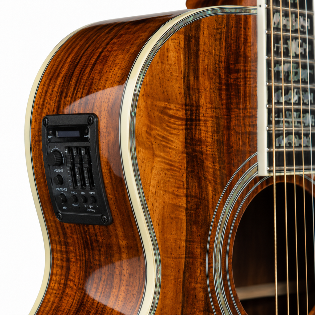 39 Inch All Koa Acoustic Guitar, Ebony Fingerboard with Abalone Details and Built-In Pickup