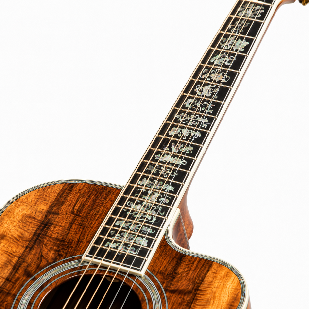 39 Inch All Koa Acoustic Guitar, Ebony Fingerboard with Abalone Details and Built-In Pickup