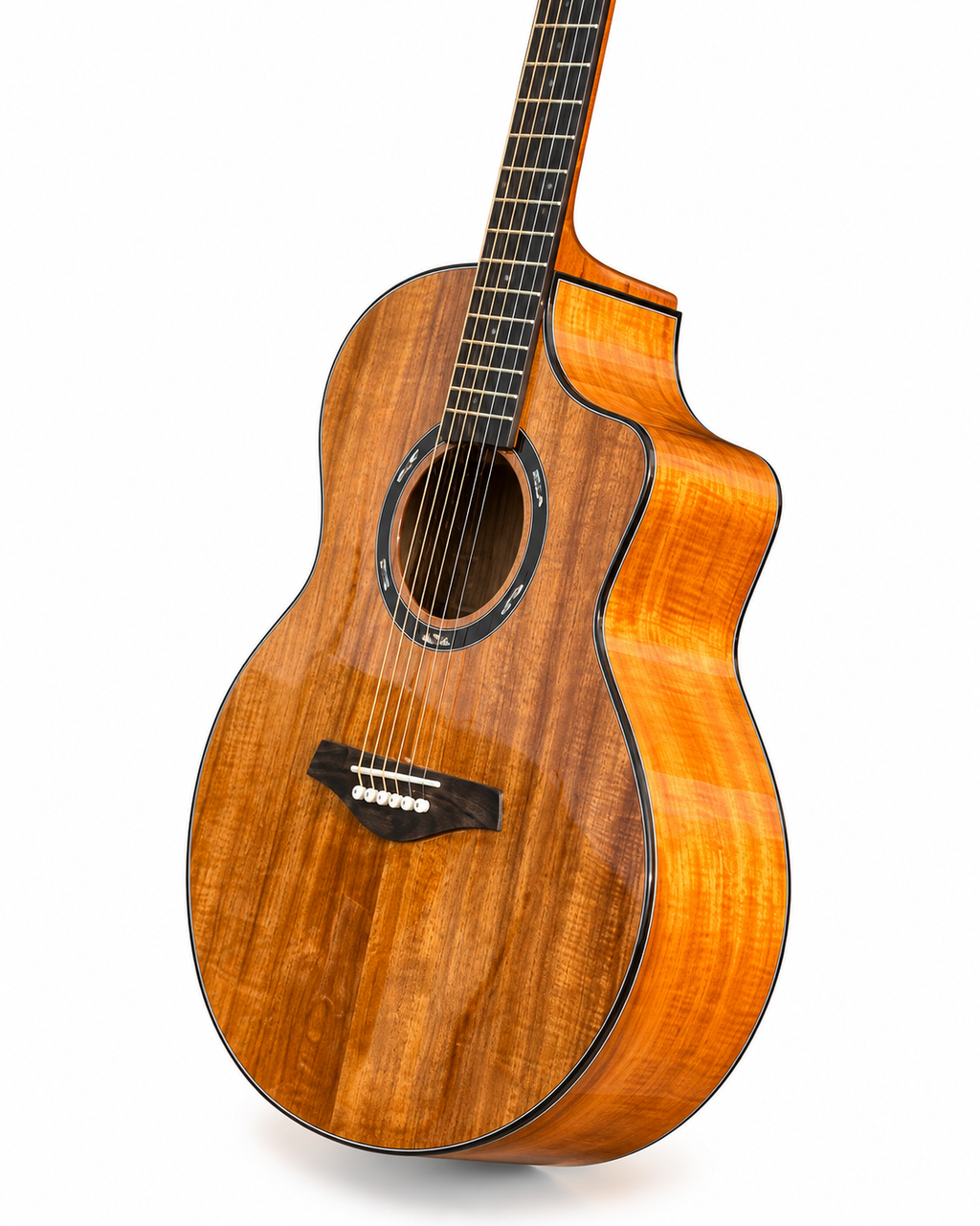 Aiersi Solid Koa Cutaway Acoustic Guitar, Handmade Folk Guitar with Sound Port and Armrest