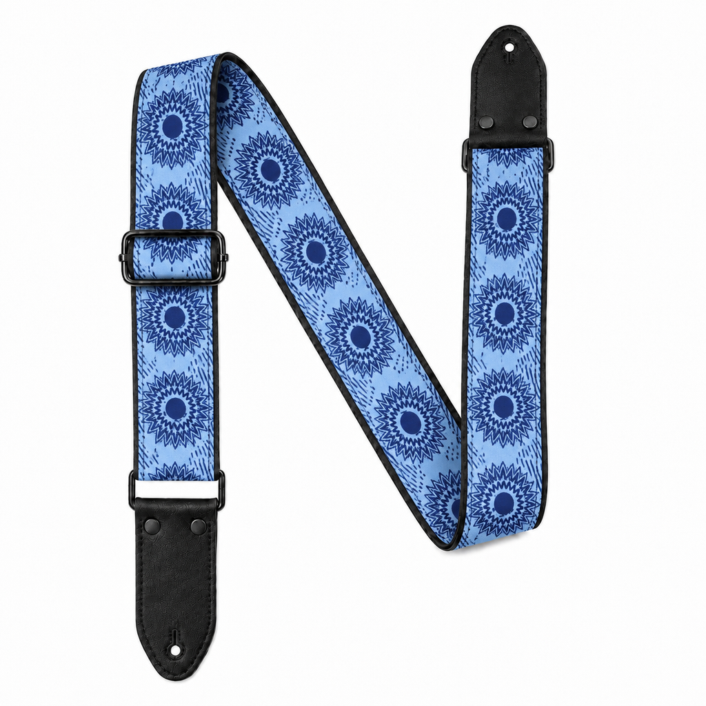Blue Floral Guitar Strap with Black Leather Ends