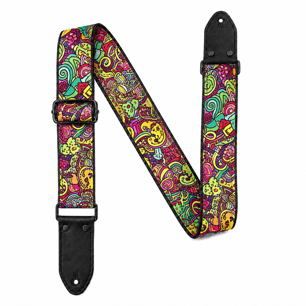 Psychedelic Color Guitar Strap with Black Leather Ends
