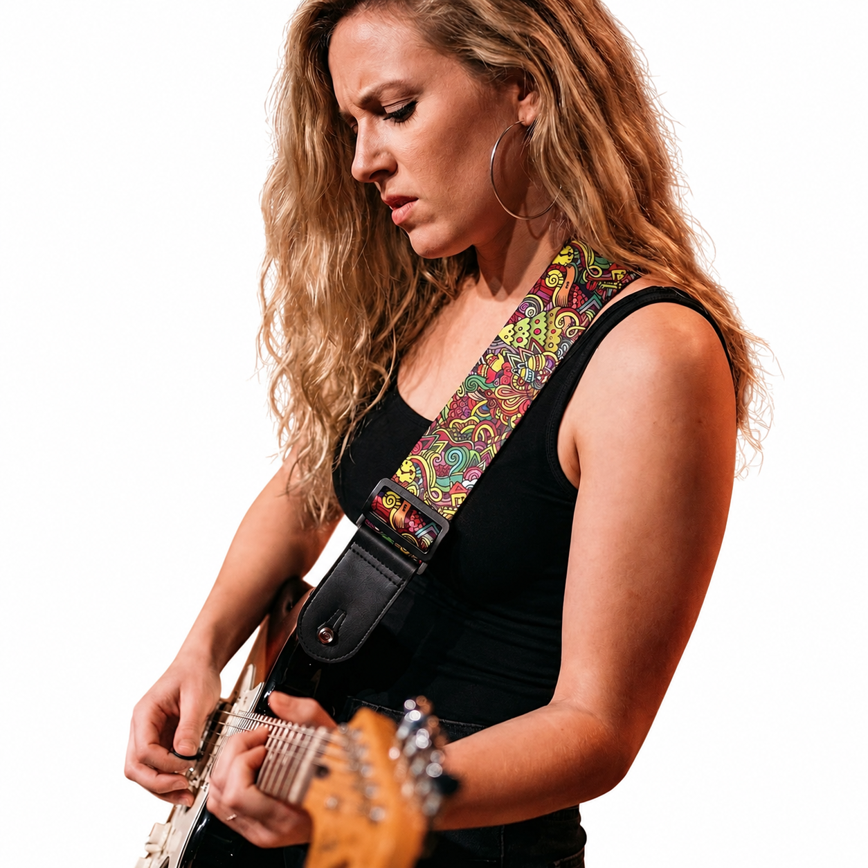Psychedelic Color Guitar Strap with Black Leather Ends