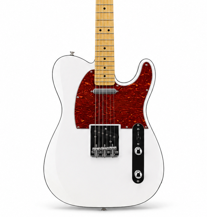 White TL guitar, red pearl guard, maple fingerboard, Black binding