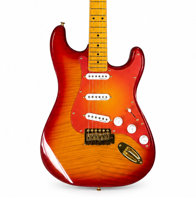 Cherry Red STS Electric Guitar – 6 String, SSS Pickups, Tiger Flame Body Finish