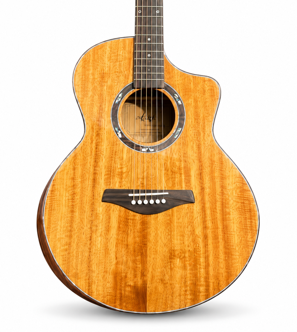 Aiersi Solid Koa Cutaway Acoustic Guitar, Handmade Folk Guitar with Sound Port and Armrest