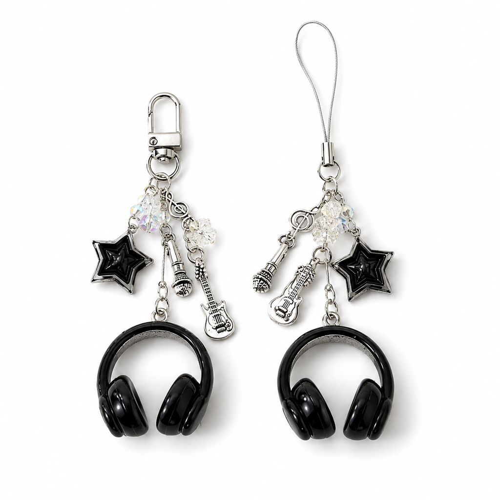 Glitter Earphone-shaped Keychain Cute Star Guitar Microphone Pendant Phone Chain Lanyard Girly Backpack Charms Bag Hanging Gifts