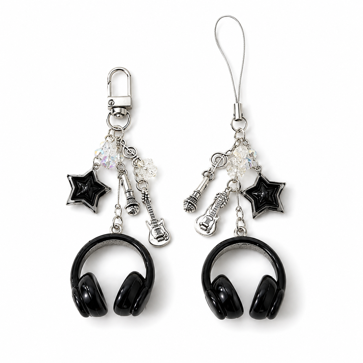 Glitter Earphone-shaped Keychain Cute Star Guitar Microphone Pendant Phone Chain Lanyard Girly Backpack Charms Bag Hanging Gifts