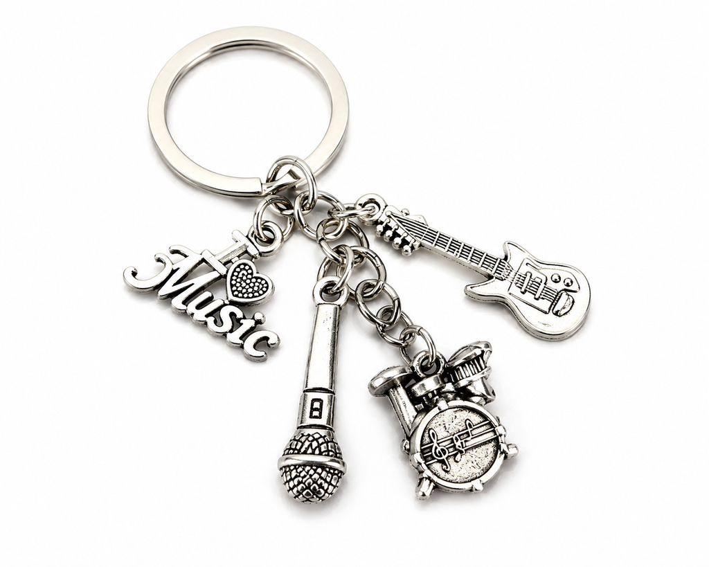 Classic Music Alloy Keychain – Guitar, Drum & Microphone Charm