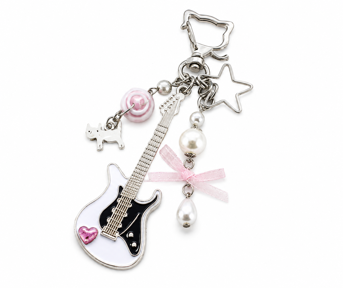 Y2K Guitar Cat Keychain – Punk Pentagram Bow Charm Bag Accessory