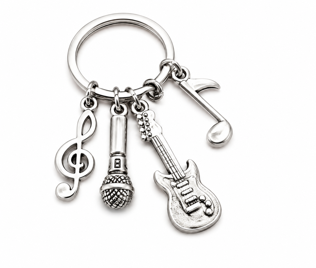 Initial Letter Music Keychain – Guitar & Microphone Rock Charm