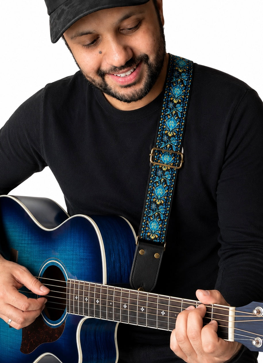 Turquoise Floral Guitar Strap with Gold Hardware