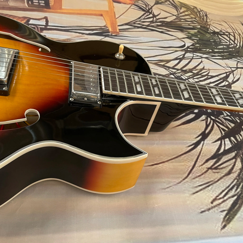 Sunburst L5 Electric Guitar Mahogany Body SEMI-HOLLOW Glossy Polished Finish Chrome Hardware Free Ship