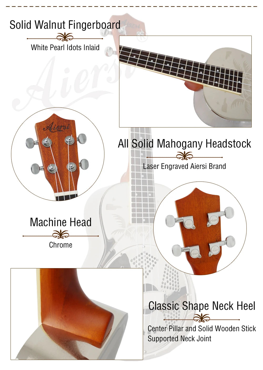 Aiersi 24-Inch Brass Resonator Concert Ukulele
