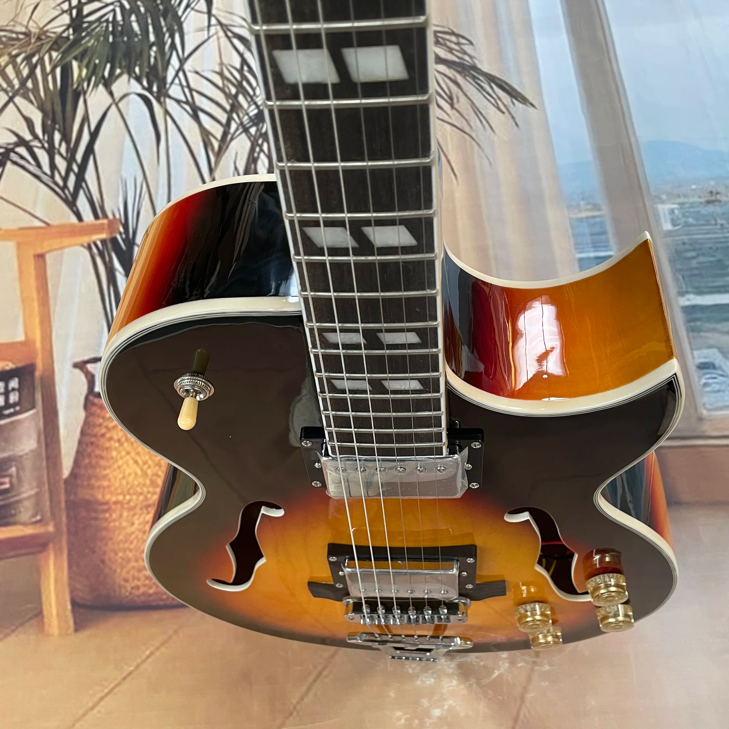 Sunburst L5 Electric Guitar Mahogany Body SEMI-HOLLOW Glossy Polished Finish Chrome Hardware Free Ship