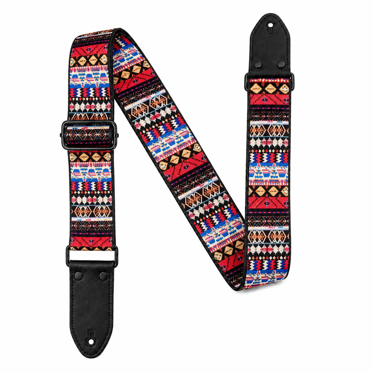 Southwestern Pattern Guitar Strap with Black Leather Ends