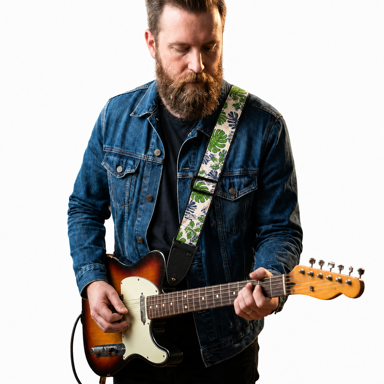Tropical Leaf Guitar Strap with Black Leather Ends