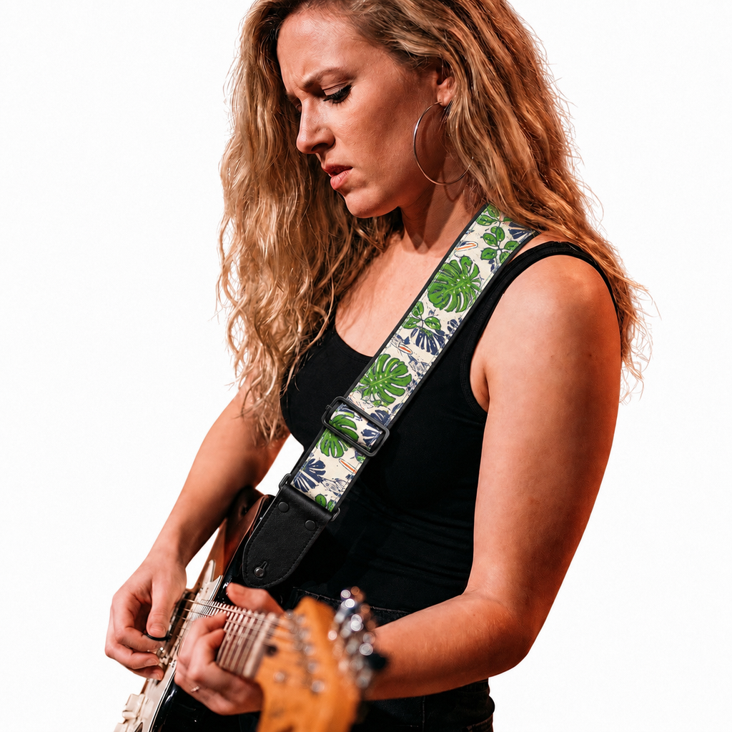 Tropical Leaf Guitar Strap with Black Leather Ends