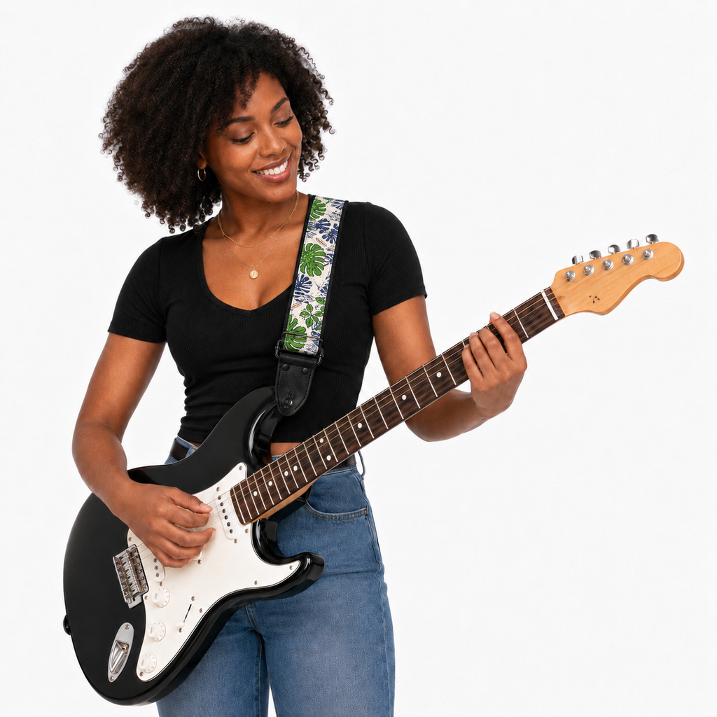 Tropical Leaf Guitar Strap with Black Leather Ends