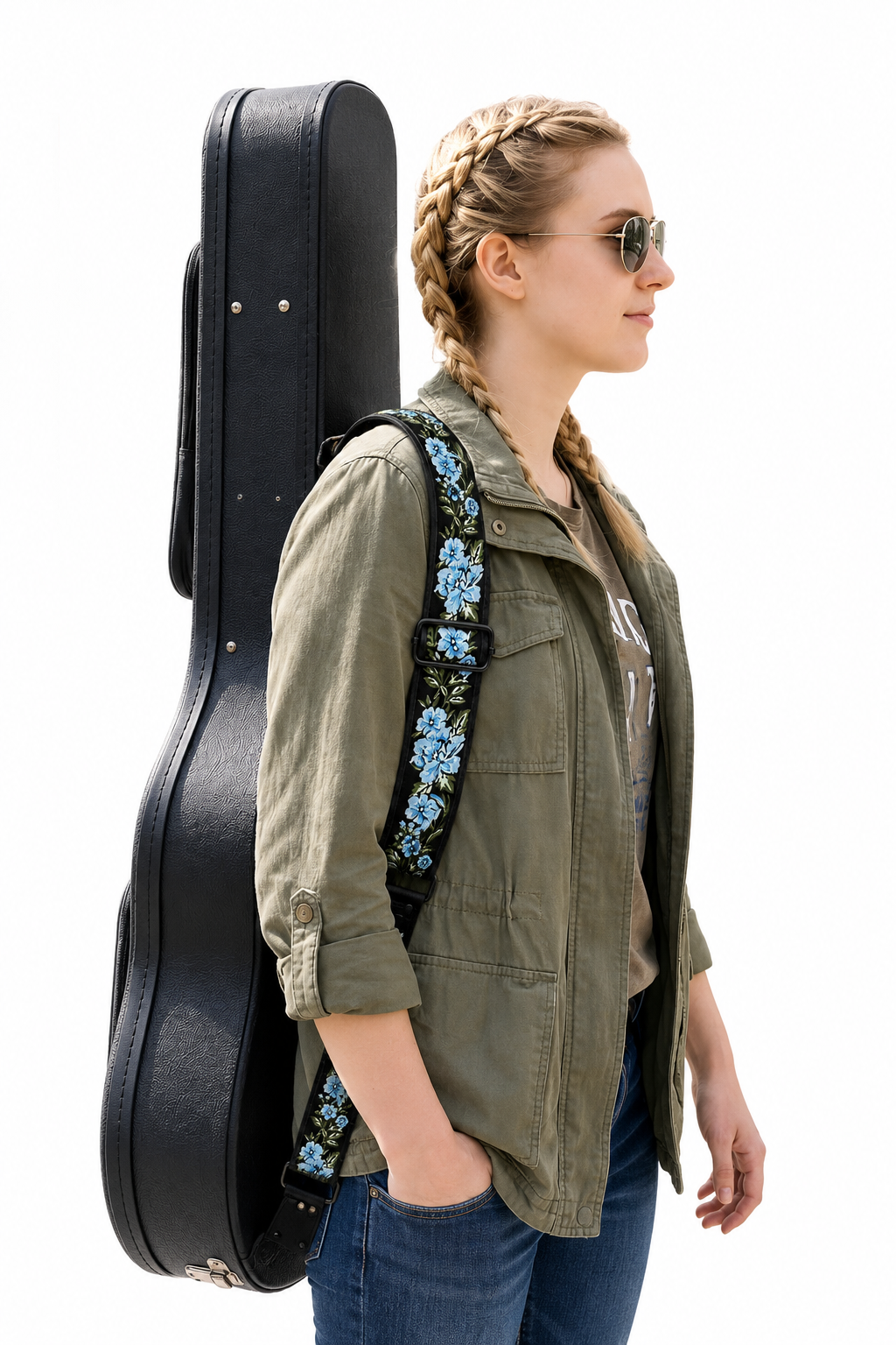Blue Floral Guitar Strap with Black Leather Ends