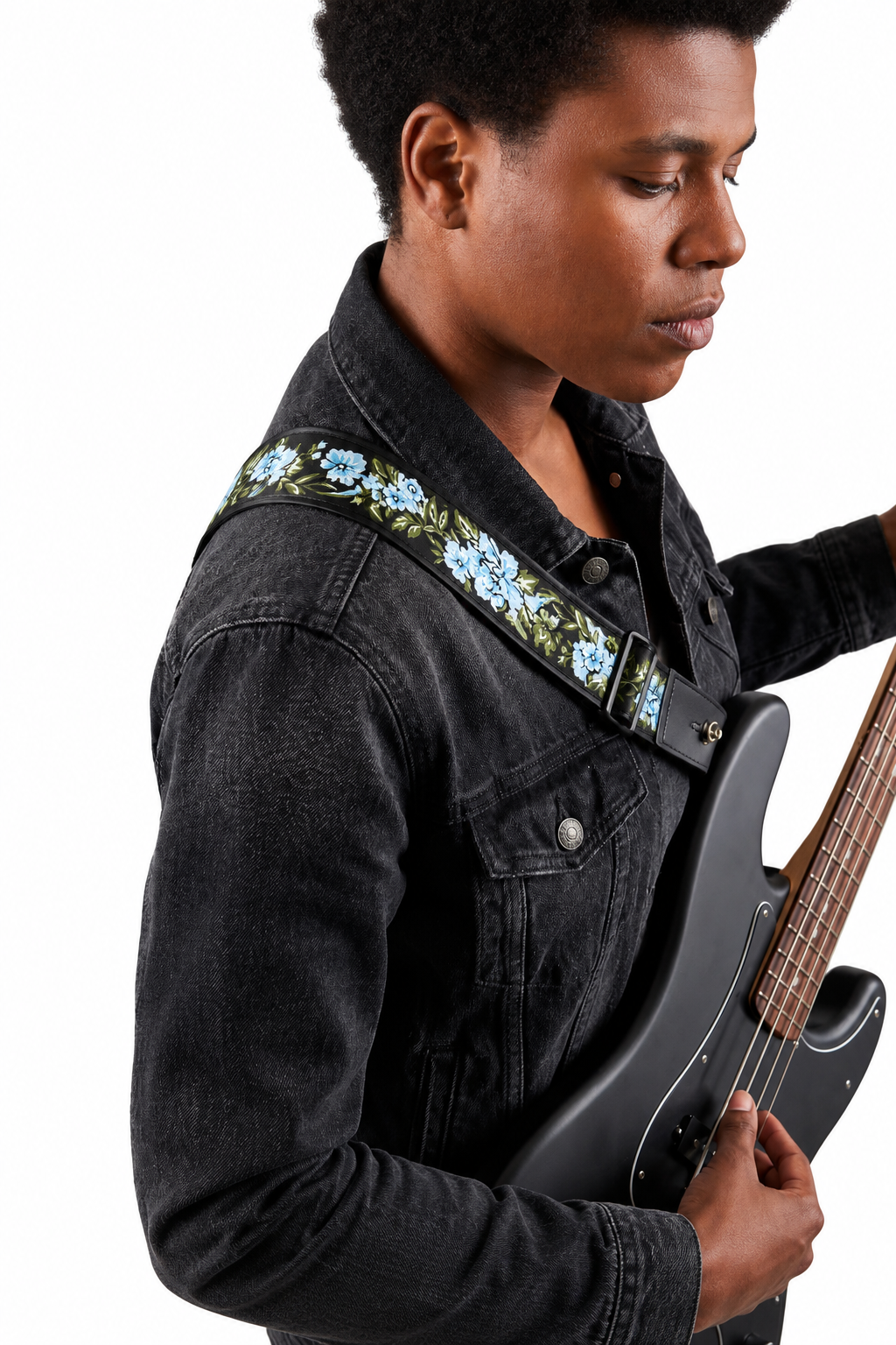 Blue Floral Guitar Strap with Black Leather Ends
