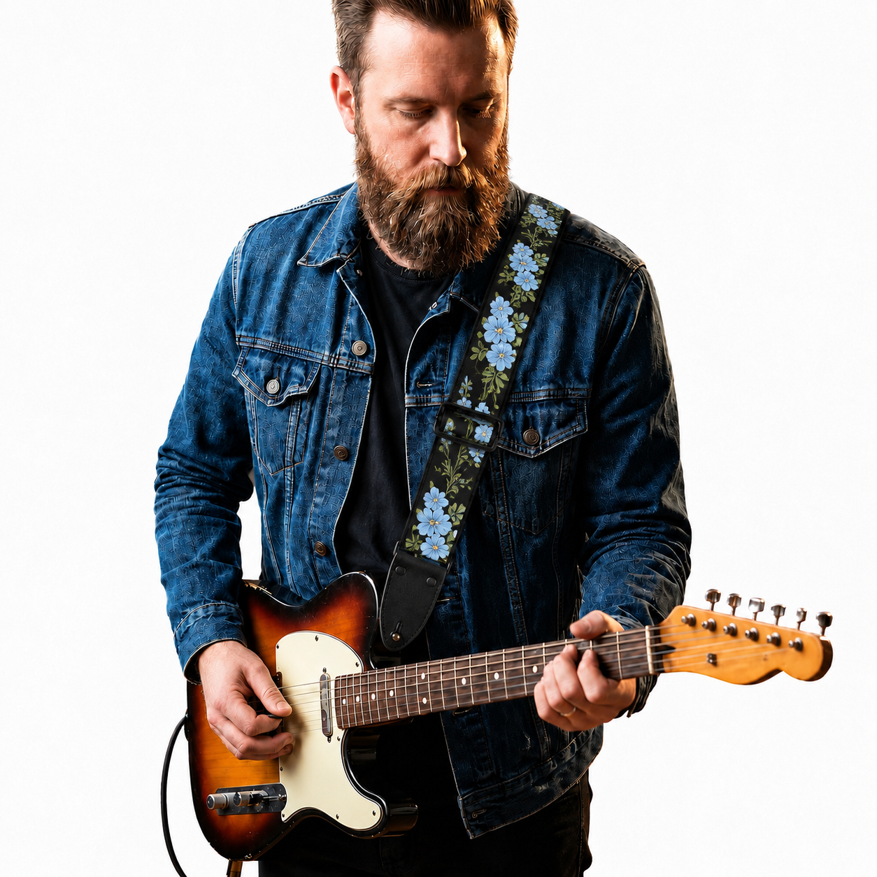 Blue Floral Guitar Strap with Black Leather Ends