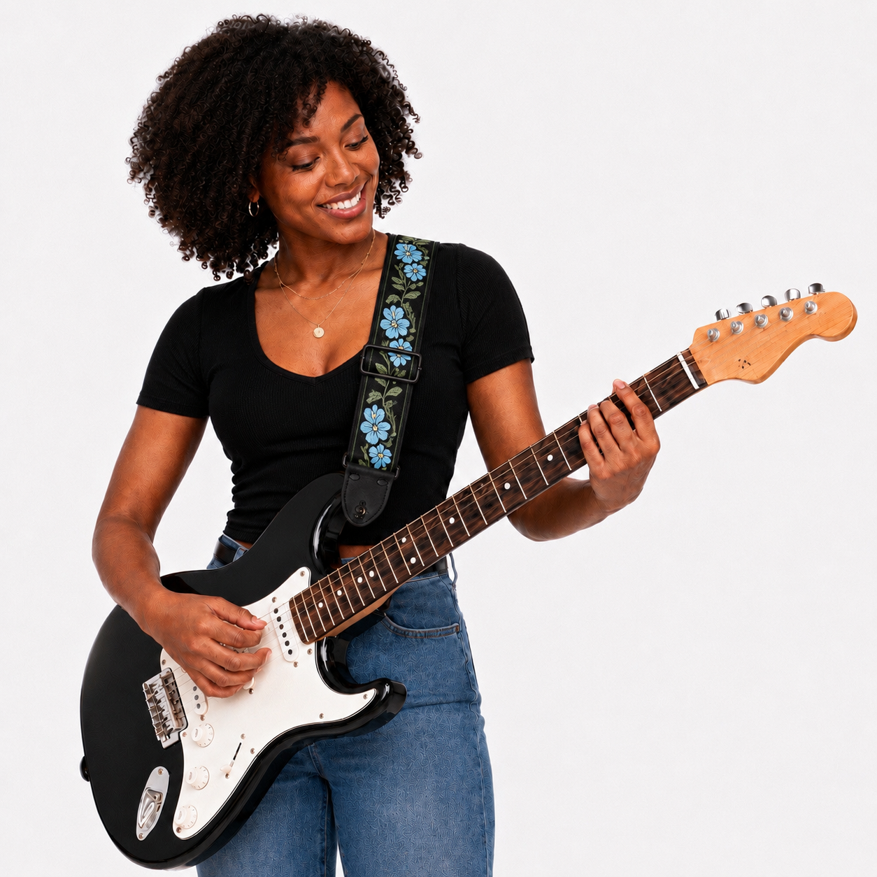 Blue Floral Guitar Strap with Black Leather Ends