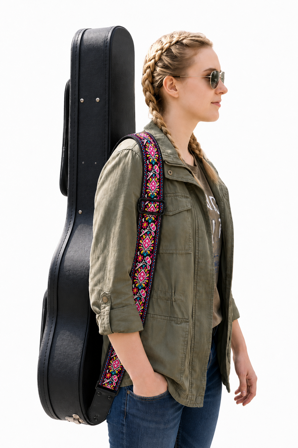 Boho Floral Guitar Strap with Black Leather Ends