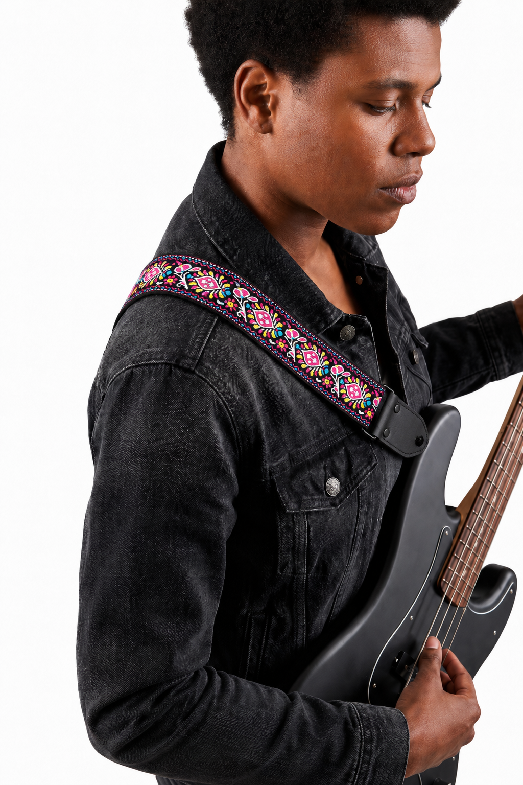 Boho Floral Guitar Strap with Black Leather Ends